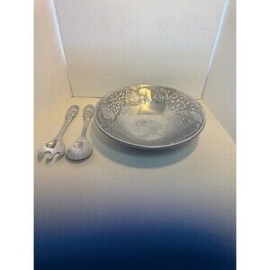 Wilton Armetale Serving Bowl Set Salad Servers Fruit Pattern USA Vintage